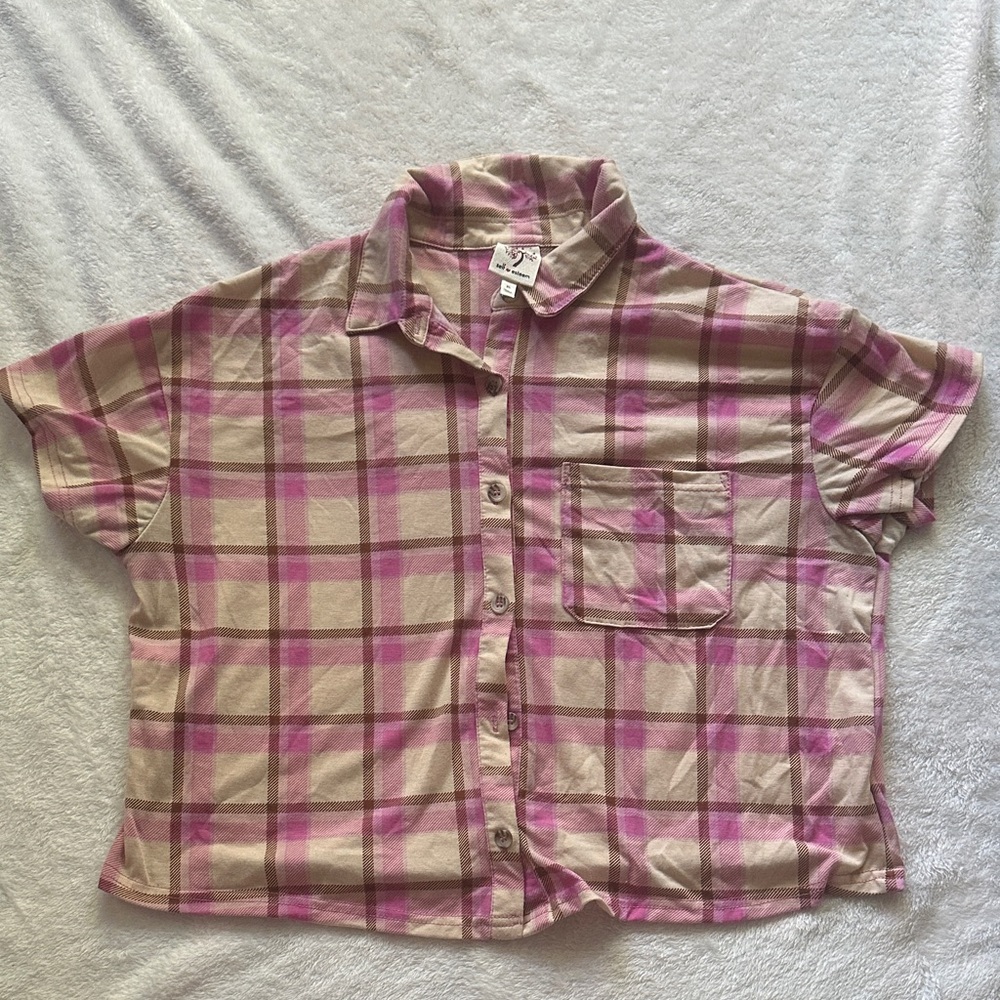 Self Esteem Kids Plaid Button Down Shirt in Pink and Beige